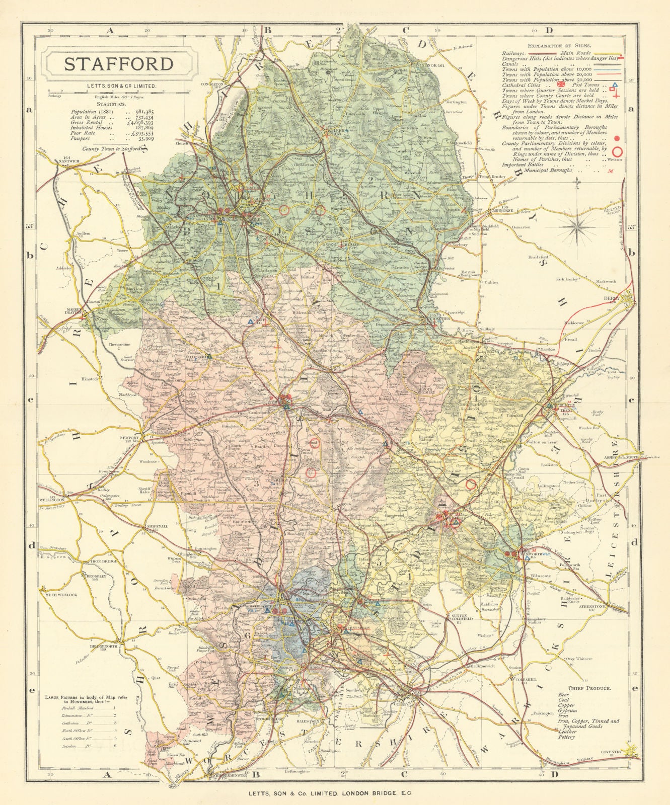 Staffordshire county map showing Post Towns & Market Days. LETTS 1884 old